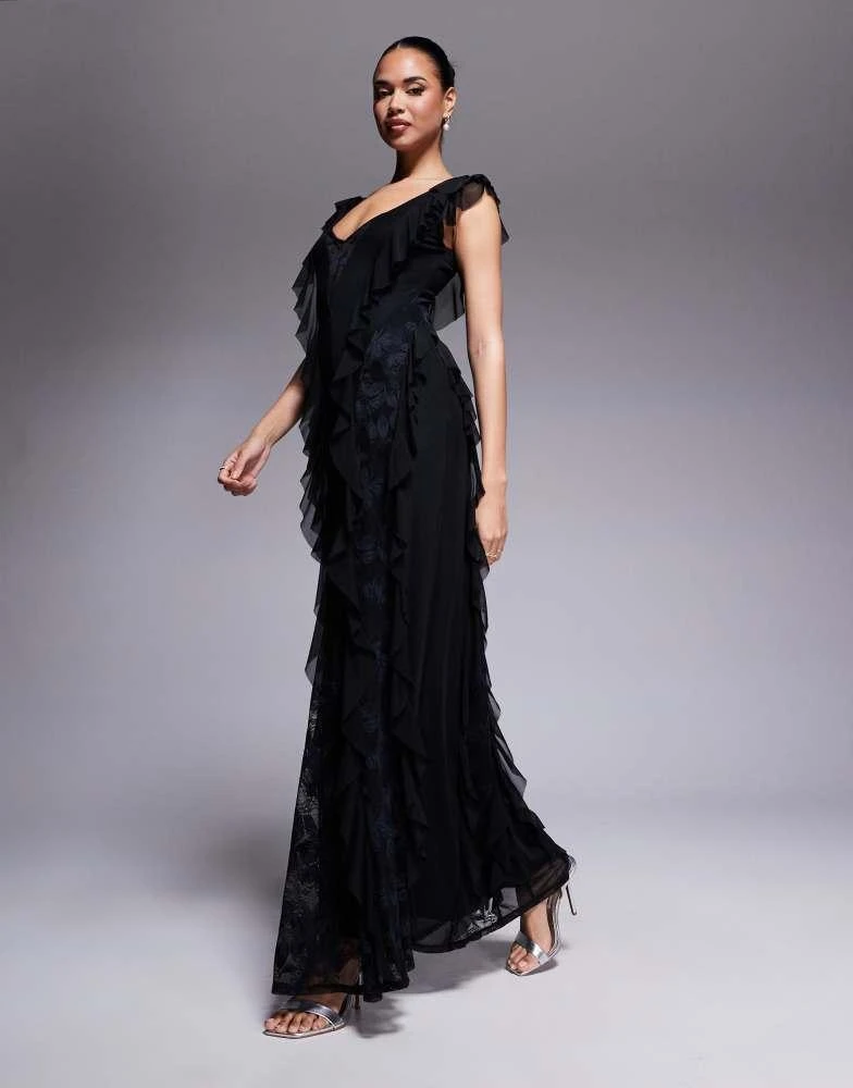 AFRM AFRM Trista mesh ruffle maxi dress with lace panels in black 1