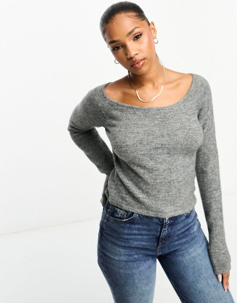 Shop Monki knitted long sleeve boat neck top in grey marl on Sale