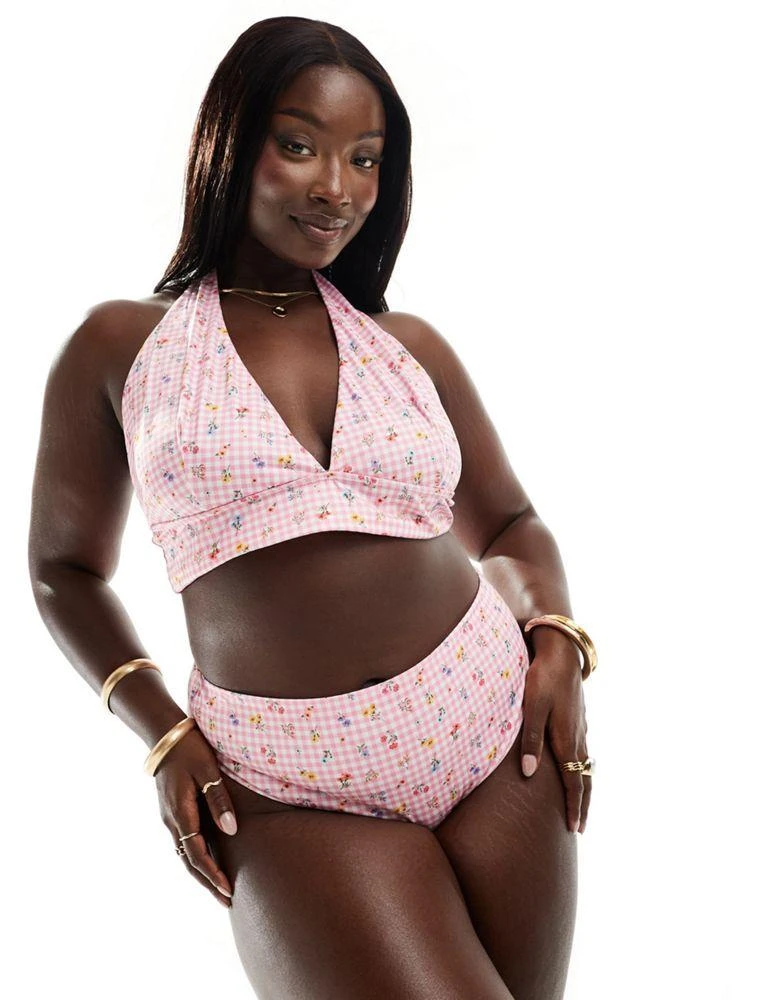 ASOS ASOS DESIGN Curve Angie high leg high waist bikini bottom in gingham floral 1
