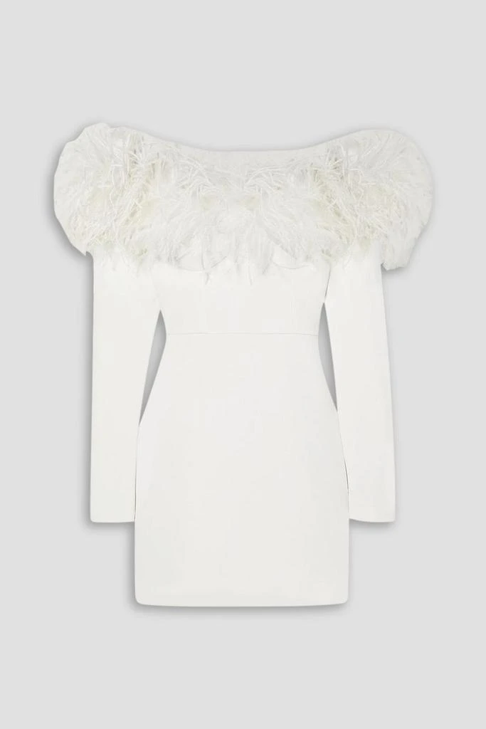 Alessandra Rich Off-the-shoulder feather-trimmed stretch-cady mini dress 1