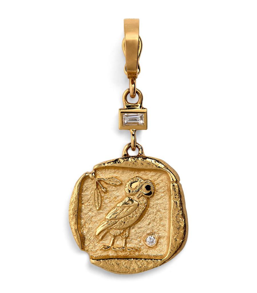 Azlee Small Yellow Gold and Diamond Owl of Athena Coin Charm