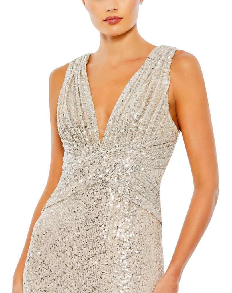 Ieena for Mac Duggal Sleeveless Plunging Sequin Gown In Nude/silver