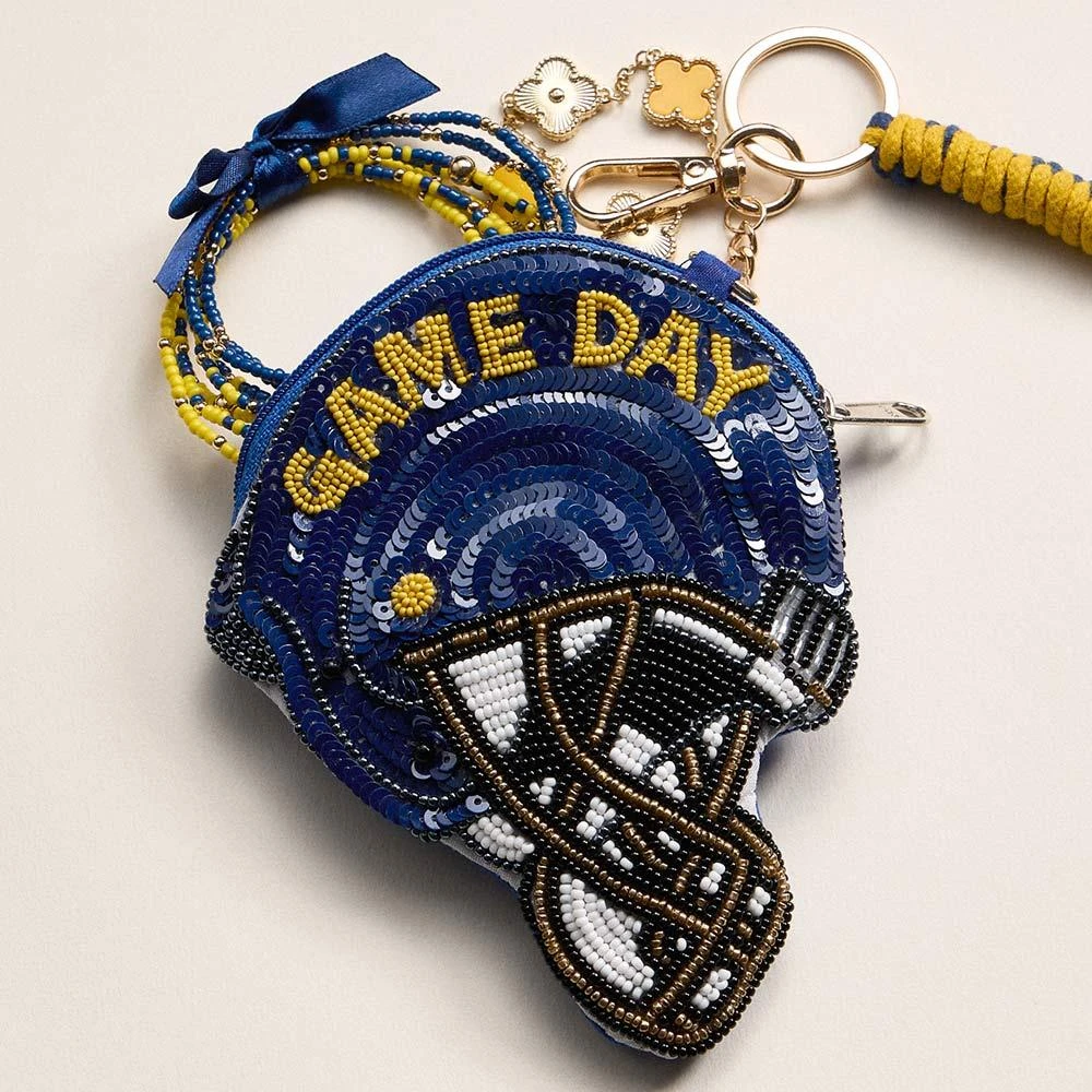 FASHNZFAB NOTRE DAME GAME DAY Football Helmet Sequin Seed Beaded Knot Keychain Mini Pouch Bag 3