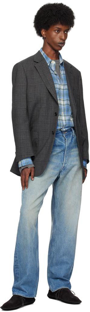 Shop Gray Bluefaced Wool Check Double-Breasted Blazer on