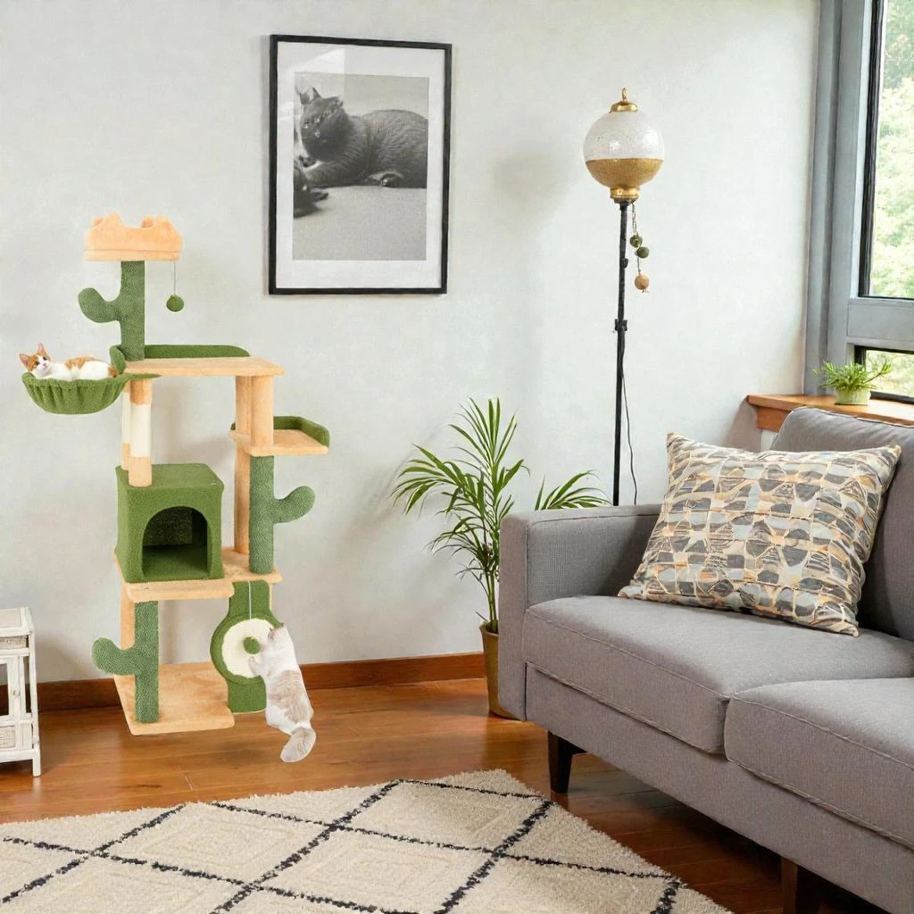 Hivvago 63" Feline Activity Tower with Cactus Structure and Sisal-Covered Posts