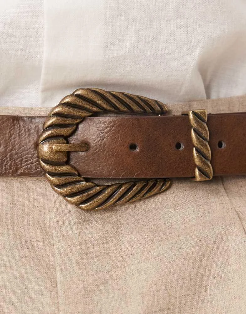 ASOS ASOS DESIGN western faux leather burnished brown jeans belt with ridge detail buckle in antique gold 2