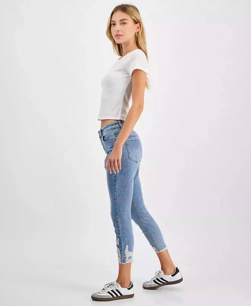 Indigo Rein Juniors' Mid Rise Button Fly Distressed Cropped Curvy Jeans 8