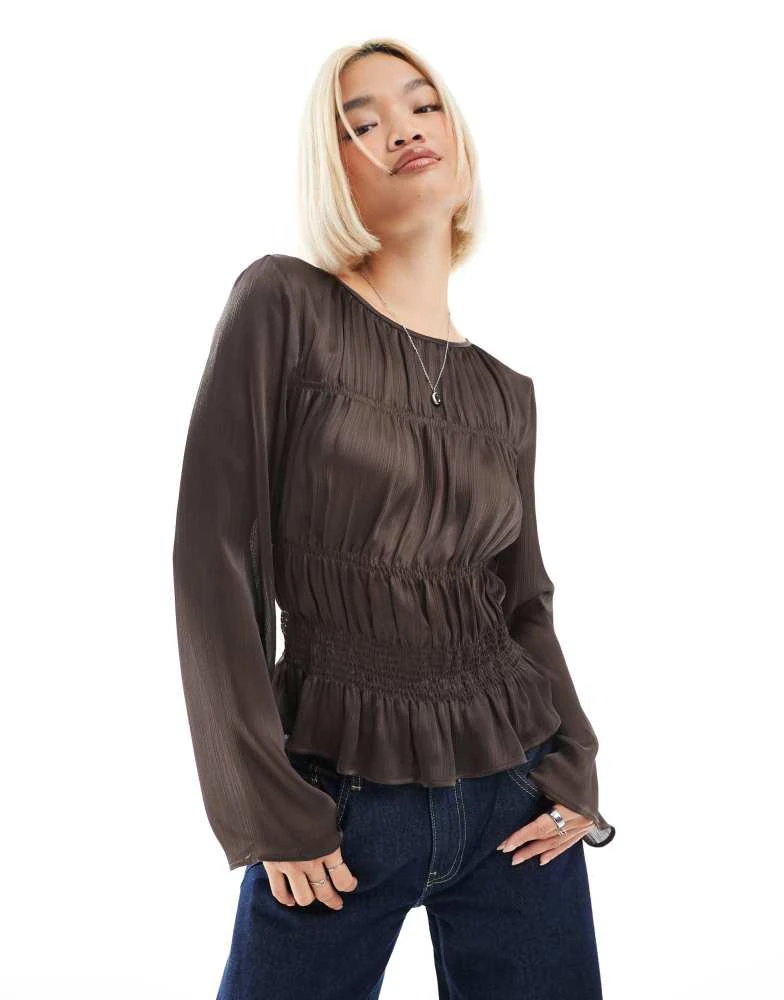 ASOS ASOS DESIGN shirred semi sheer blouse in chocolate 1