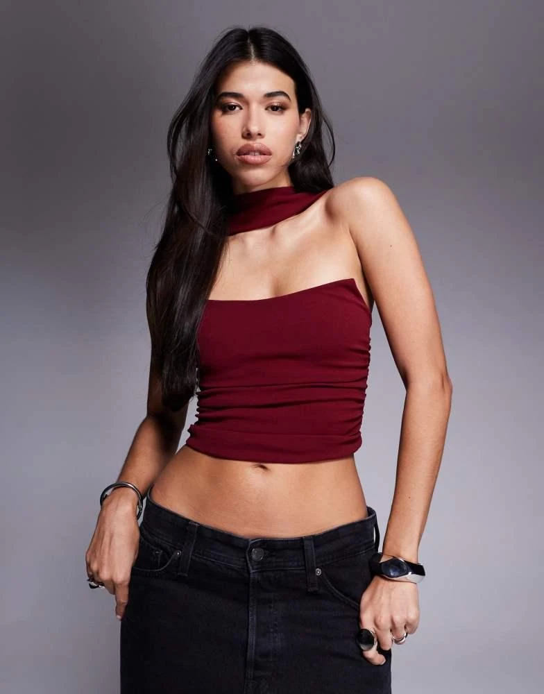 ASOS ASOS DESIGN bandeau top with scarf neck detail in burgundy 1