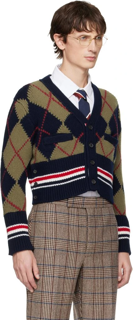 Thom Browne Khaki 
Navy Merino Argyle Intarsia V Neck Cardigan 2