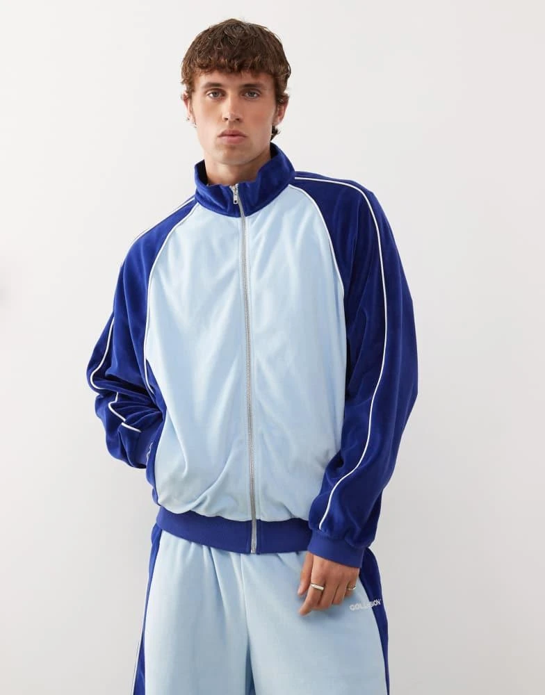 COLLUSION COLLUSION velour panelled jacket co-ord in blue 1