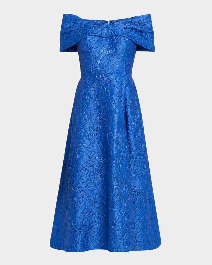 Rickie Freeman For Teri Jon Off-Shoulder Floral Jacquard Midi Dress, Blue, Women's, 6, Off-The-Shoulder Dresses