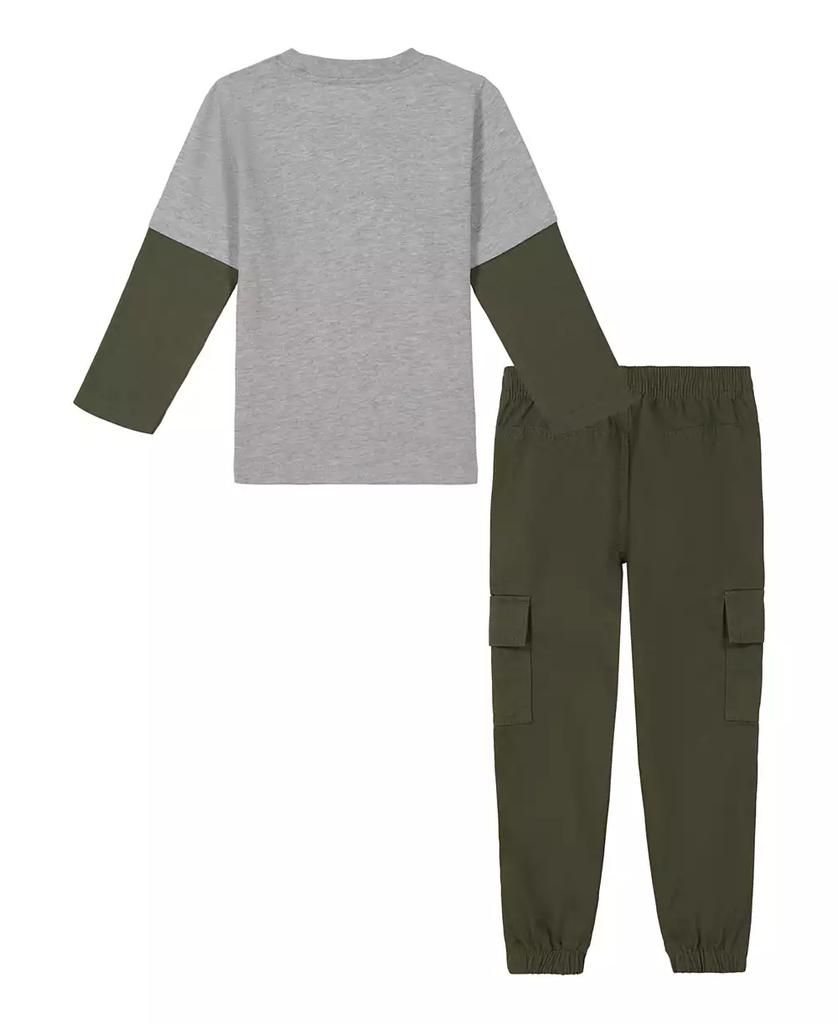 KIDS HEADQUARTERS Toddler and Little Boys Twofer Sleeve Racing Tee Twill Cargo Joggers