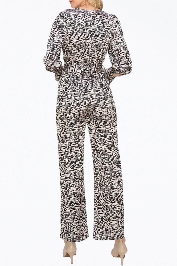 Adelyn Rae TONI ZEBRA-PRINT BELTED WRAP-EFFECT SATEEN JUMPSUIT
