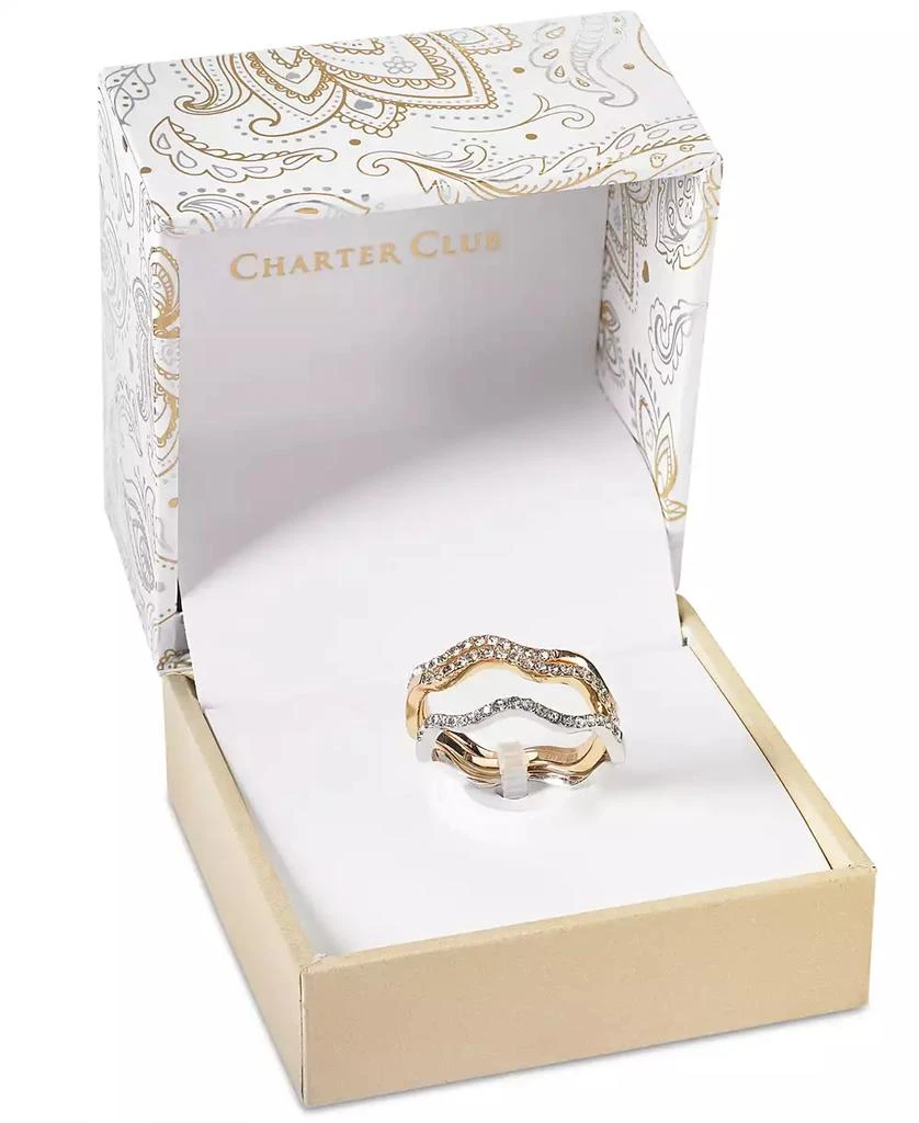 Charter Club Tri-Tone Silver, Gold Plated, 18K Rose Gold Plated 3-Pc. Set Pavé Wavy Rings, Created for Macy's 2