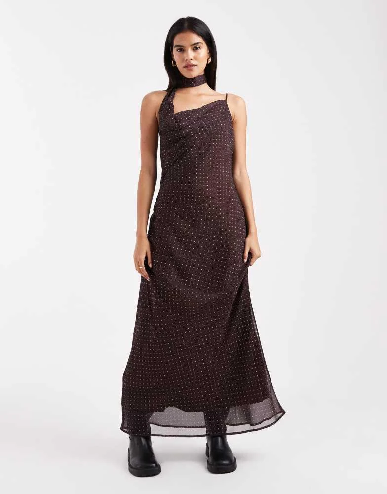 Miss Selfridge Miss Selfridge tie neck cowl party maxi dress in polka dot - MULTI