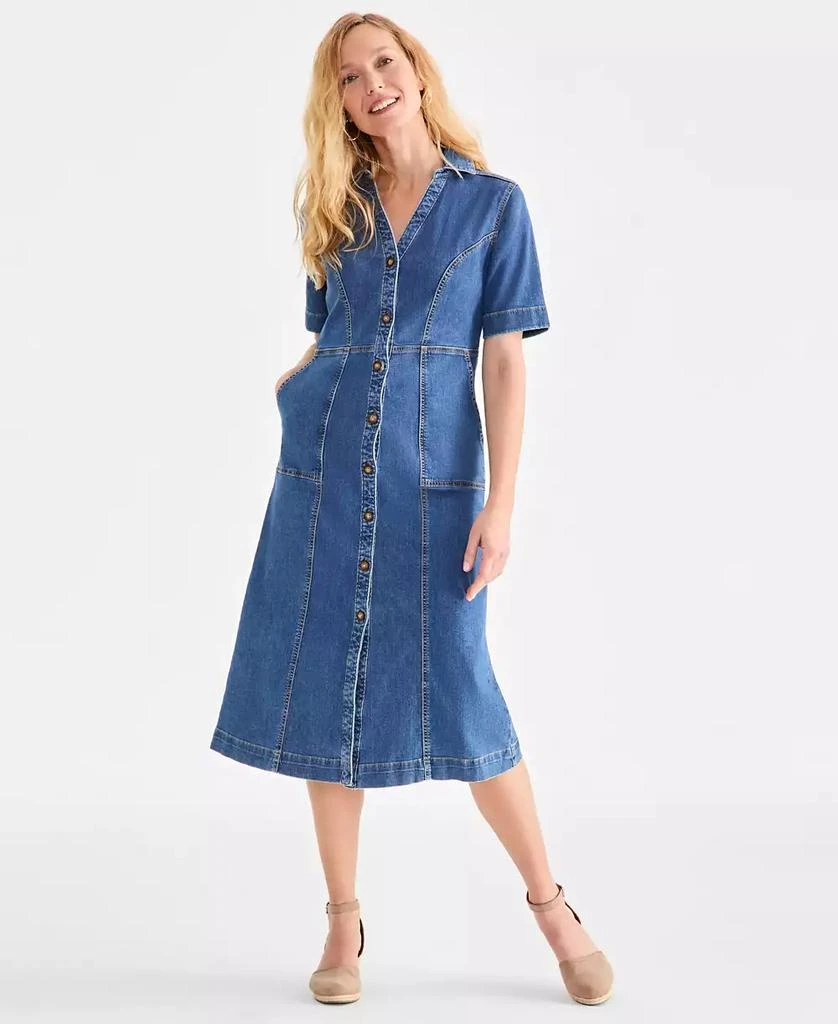 Style & Co Petite Split-Neckline Seamed Denim Dress, Exclusively at Macy's 1