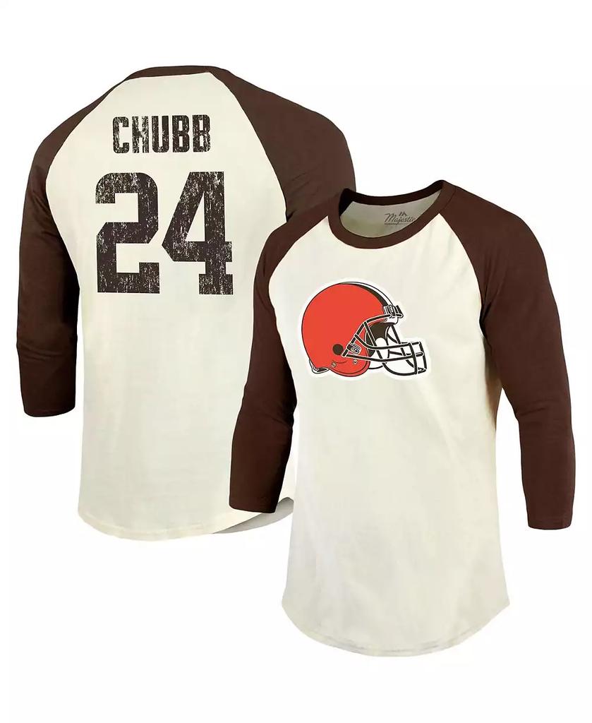 Majestic Men's Threads Nick Chubb Cream, Brown Cleveland Browns Player Name and Number Raglan 3/4-Sleeve T-shirt