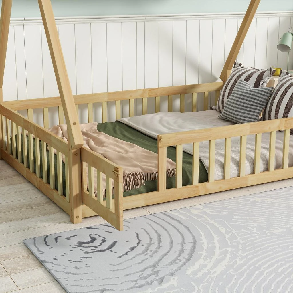 Streamdale Furniture Streamdale Rubber Wood Tent Floor Bed with Guardrails & Door 4