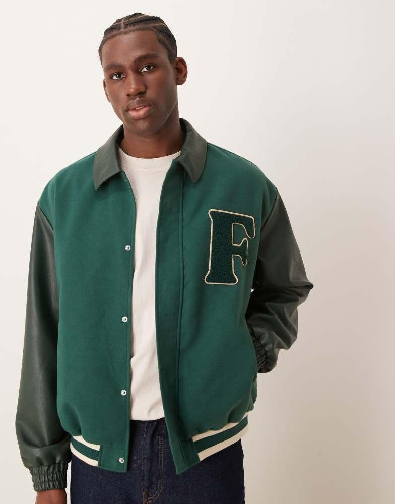 ASOS ASOS DESIGN faux leather varsity jacket in green