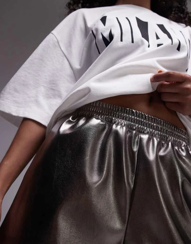 Topshop Topshop faux leather runner short in gunmetal 4