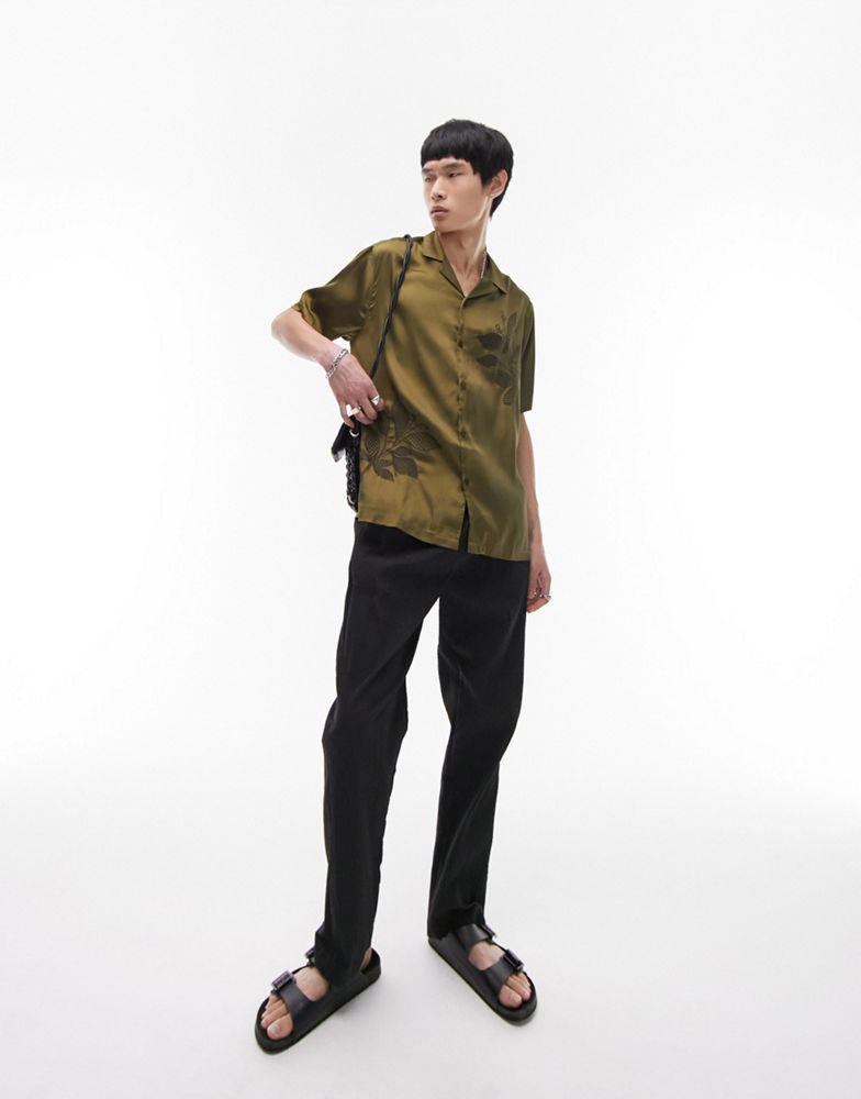 Topman Topman short sleeve relaxed fit embroidered satin revere shirt in khaki