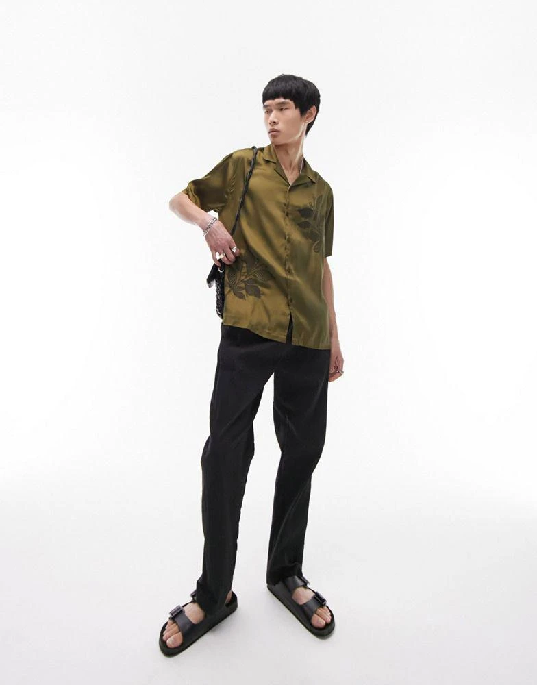 Topman Topman short sleeve relaxed fit embroidered satin revere shirt in khaki 2