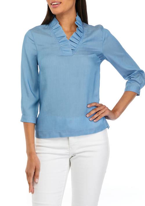 Crown & Ivy™ Ivy Petite 3 4 Sleeve Ruffle Neck Top