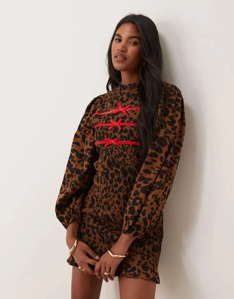 Neon Rose Neon Rose leopard print shirred ribbon detail mini dress in brown 1