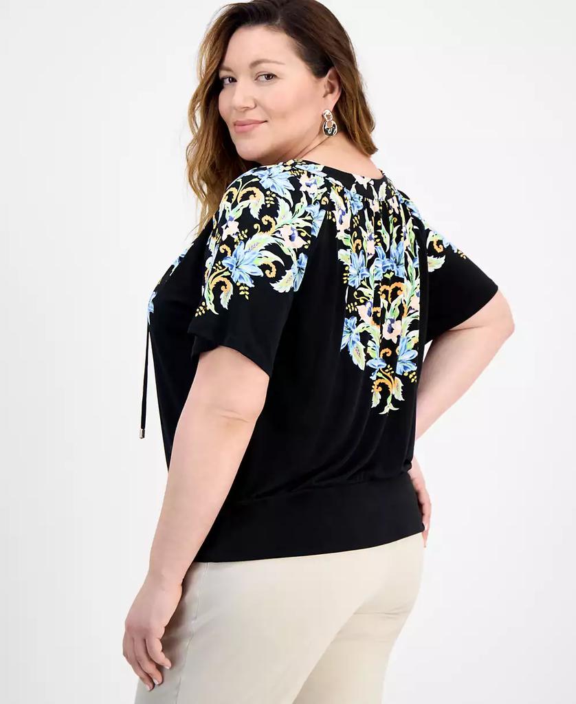 JM Collection Plus Size Printed Tie Split Neck Top, Exclusively at Macy's