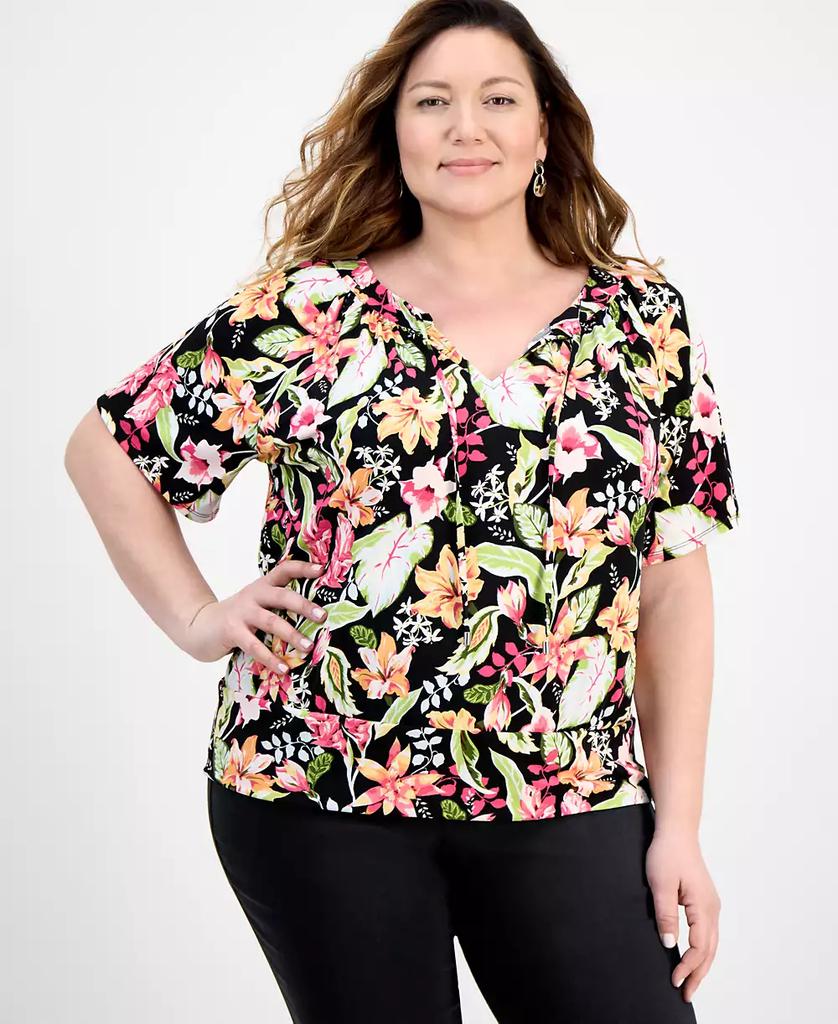 JM Collection Plus Size Printed Tie Split Neck Top, Exclusively at Macy's