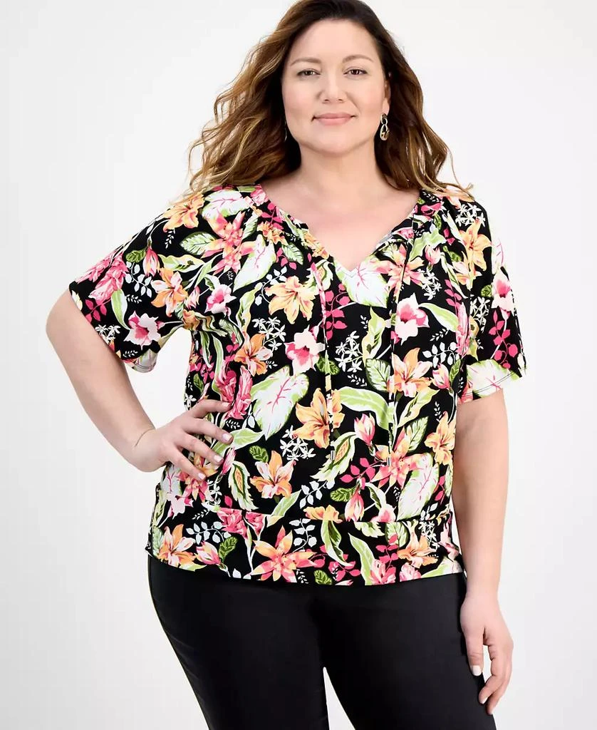 JM Collection Plus Size Printed Tie Split Neck Top, Exclusively at Macy's 1