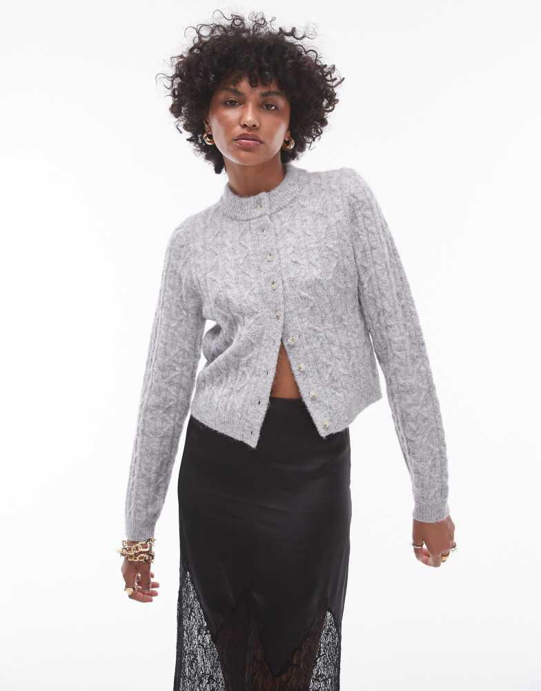 Topshop Topshop knitted cable micro cardi in grey