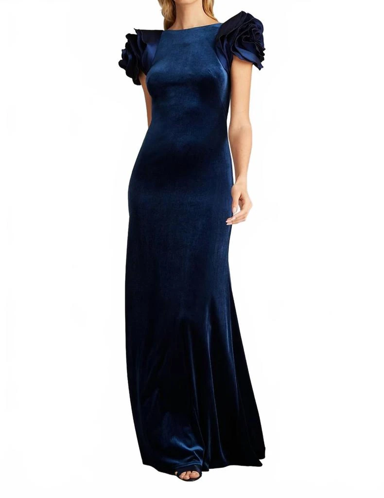 Tadashi Shoji Maylee Rosette Shoulder Velvet Gown In Navy 1