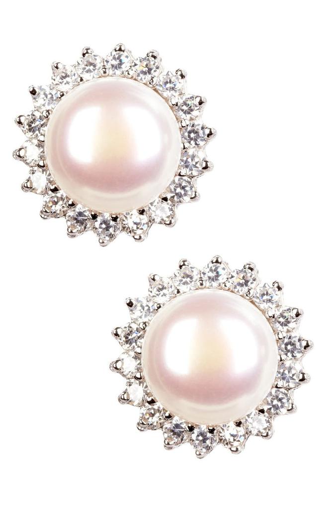 SPLENDID PEARLS 8.5-9mm White Freshwater Pearl & CZ Halo Pendant Necklace & Stud Earrings Set