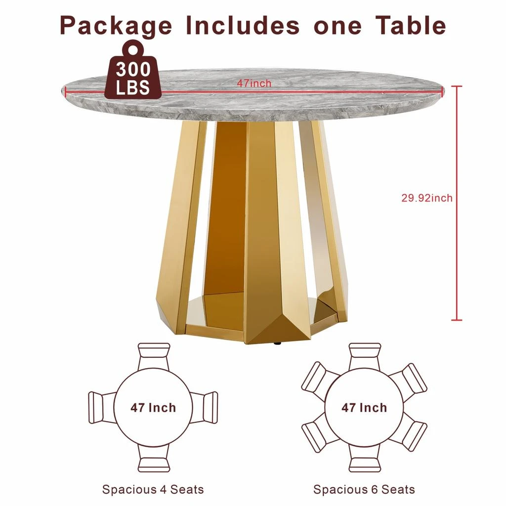 Streamdale Furniture Streamdale 47" Round Marble Dining Table with Stainless Steel Base (Gold/Gray) 4