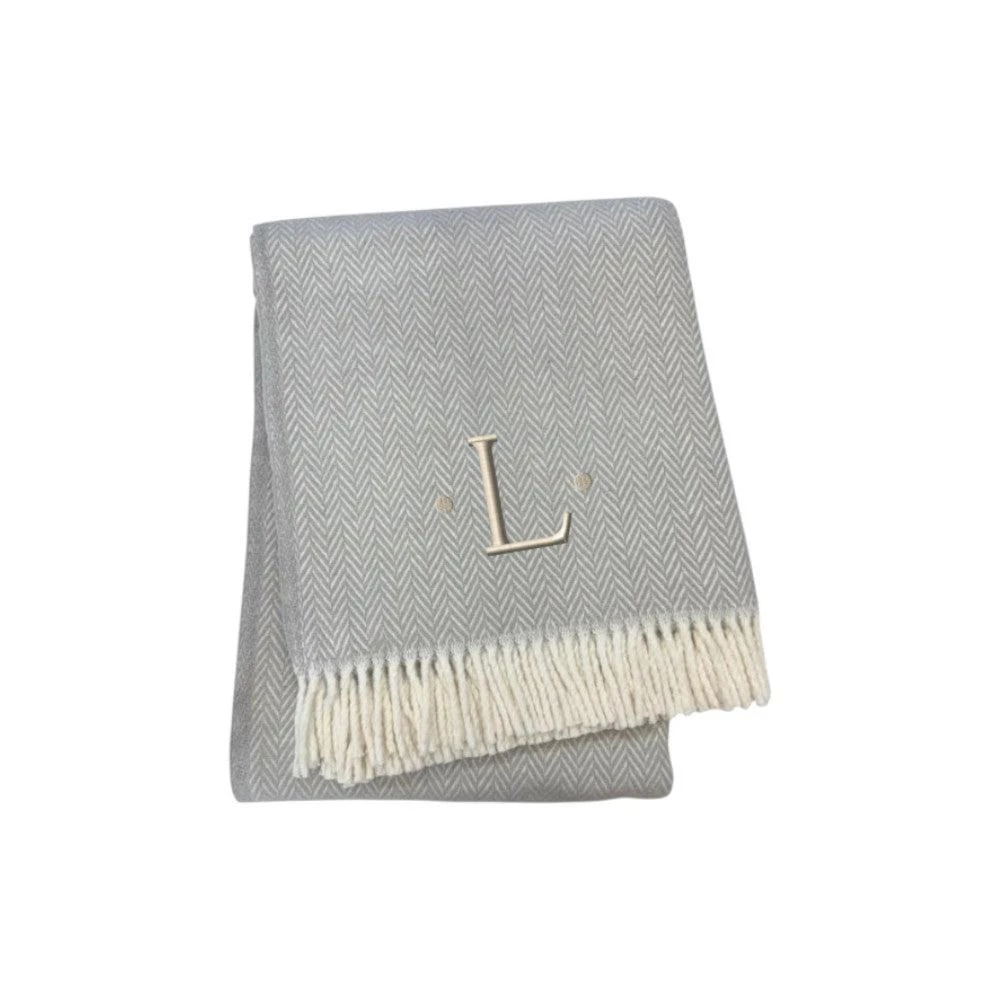 Hivvago 55" X 70" Gray And White Herringbone Cotton Blend L Initial Throw Blanket with Tassels And Embroidery