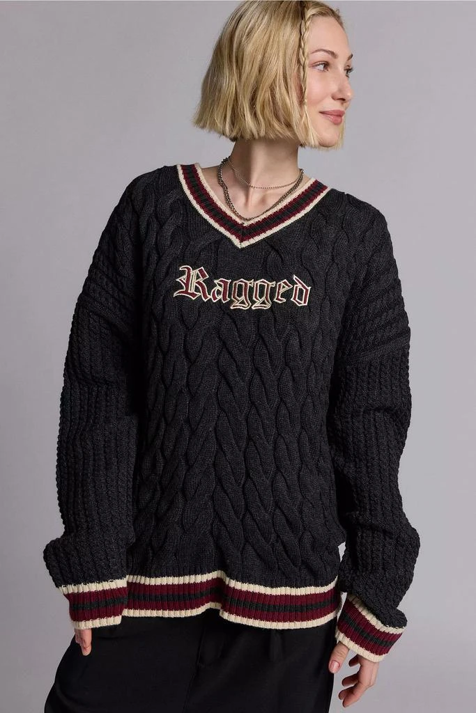 The Ragged Priest The Ragged Priest Embroidered Graphic V-Neck Cable Knit Sweater 2