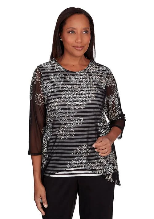 Alfred Dunner Dunner Womens Opposites Attract Flower Mesh Overlay Stripe Top 1