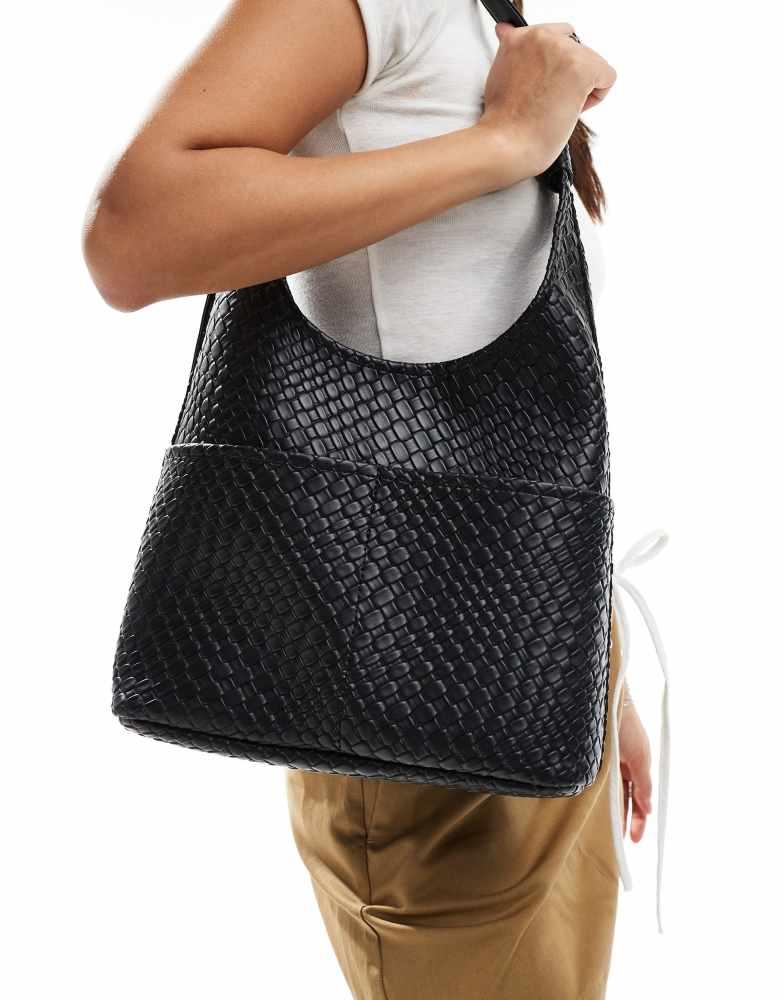 Glamorous Glamorous large woven shoulder bag with pocket detail in black