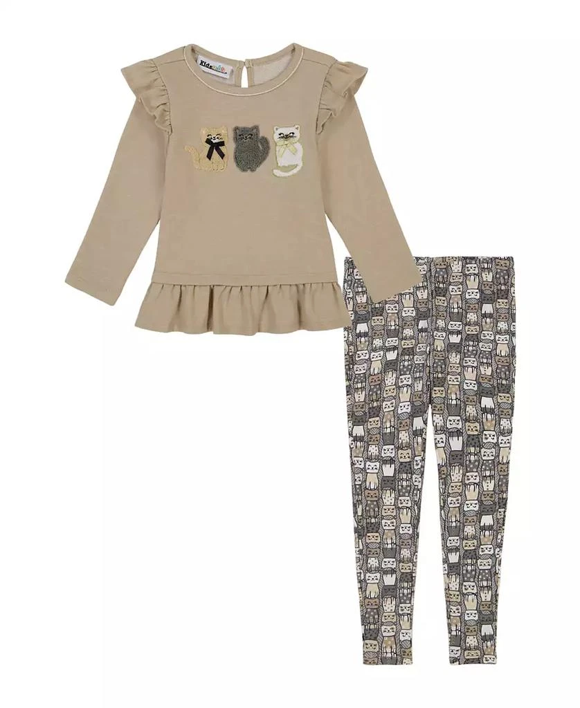 KIDS HEADQUARTERS Toddler and Little Girls Lurex French Terry Ruffled Tunic Cat Print Leggings, 2-Piece Set 1