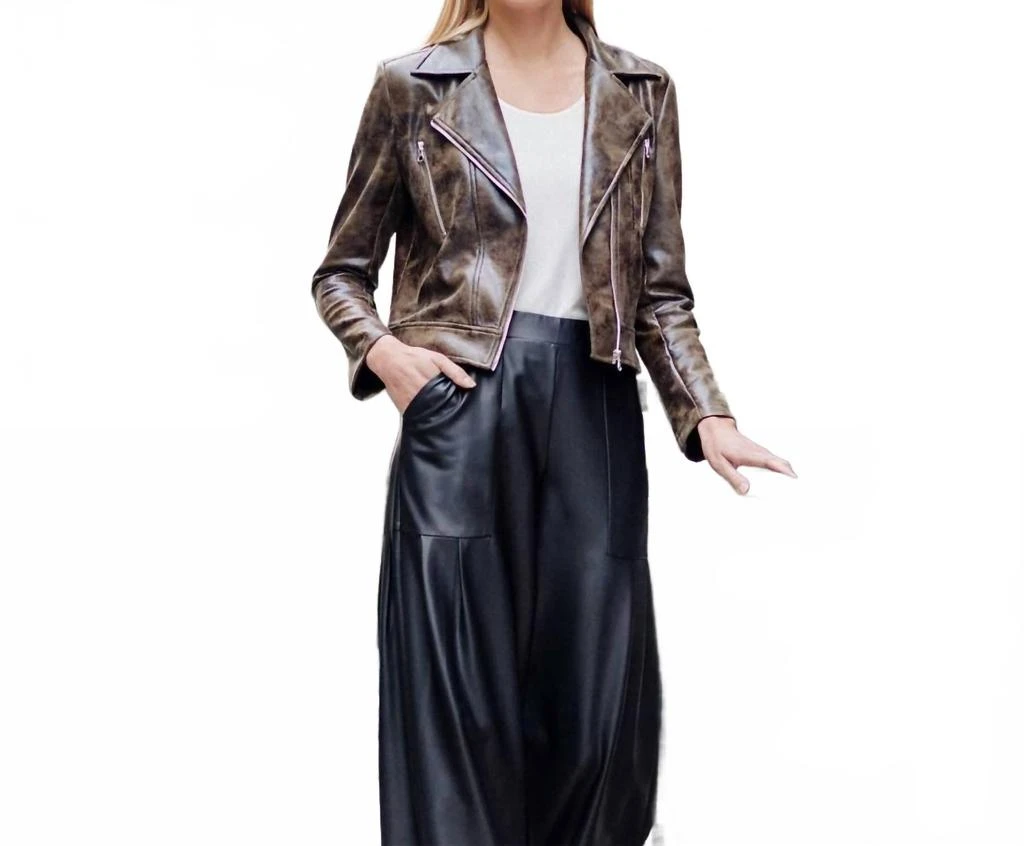 CLARA SUNWOO Vegan Leather Distressed Zip Cuff Moto Waist Jacket In Distressed-Brown