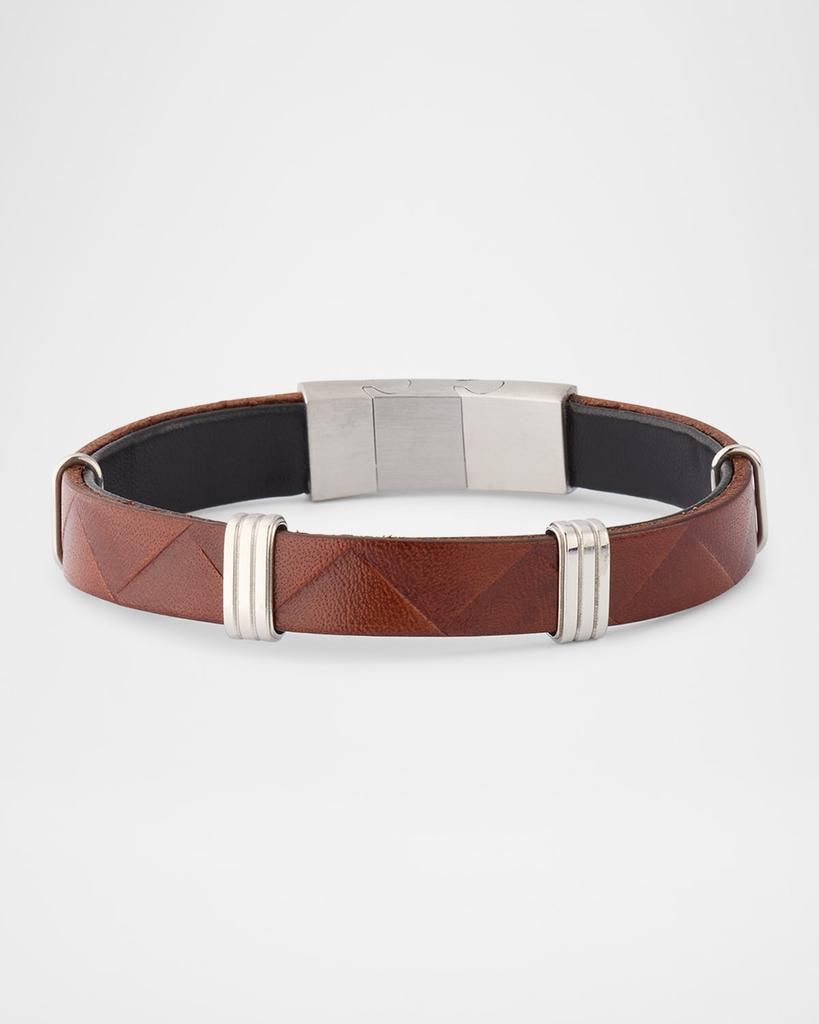 LINK UP Men's Embossed Chevron Leather and Stainless Steel Bracelet