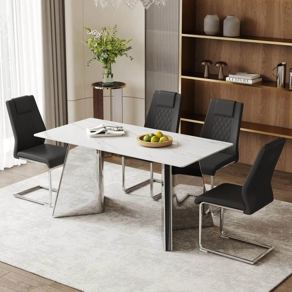 Streamdale Furniture Streamdale Snow Mountain Table 
4 Black PU Chairs 2