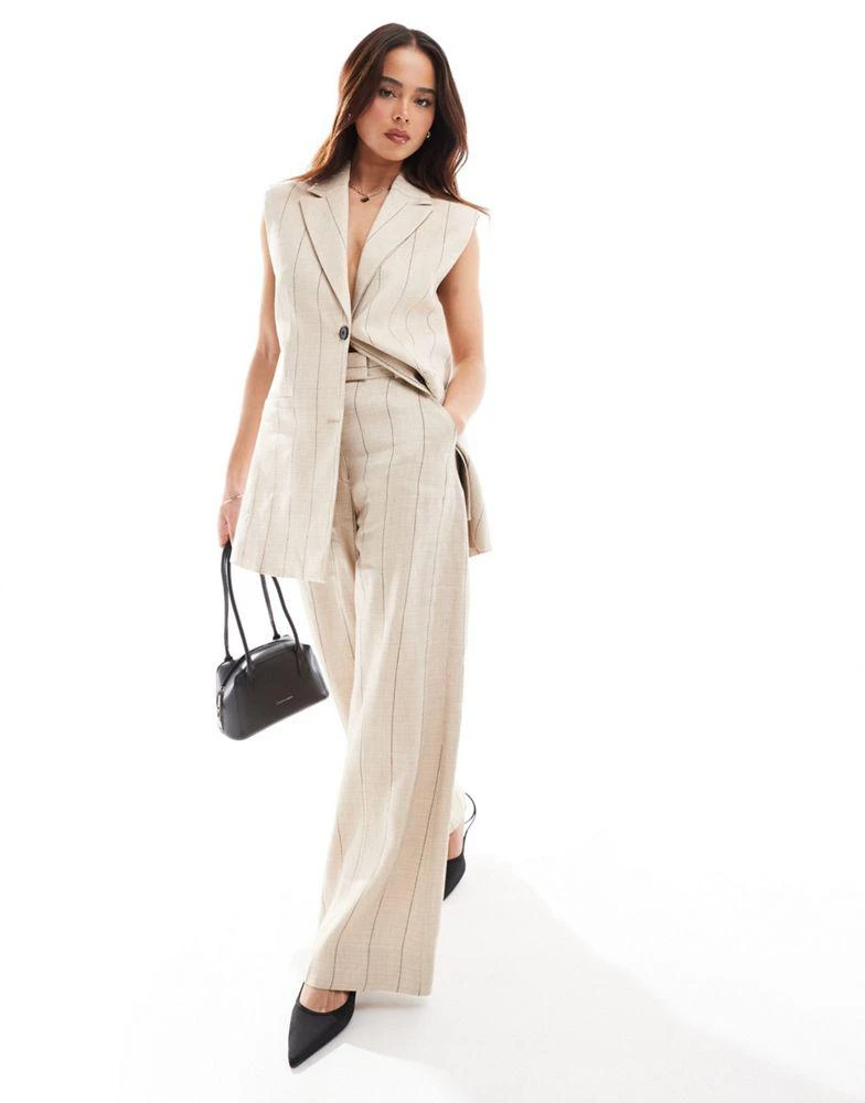 & Other Stories & Other Stories linen wide leg tailored trousers in beige with black pinstripes 1