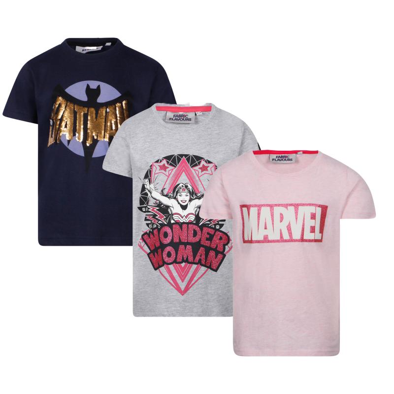 Fabric Flavours Batman wonder woman and marvel t shirts set in navy blue grey and pink