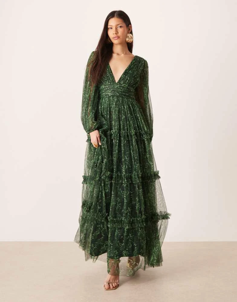 Lace & Beads deep v-neck sheer bell sleeves maxi dress in green floral Lace & Beads deep v-neck sheer bell sleeves maxi dress in green floral