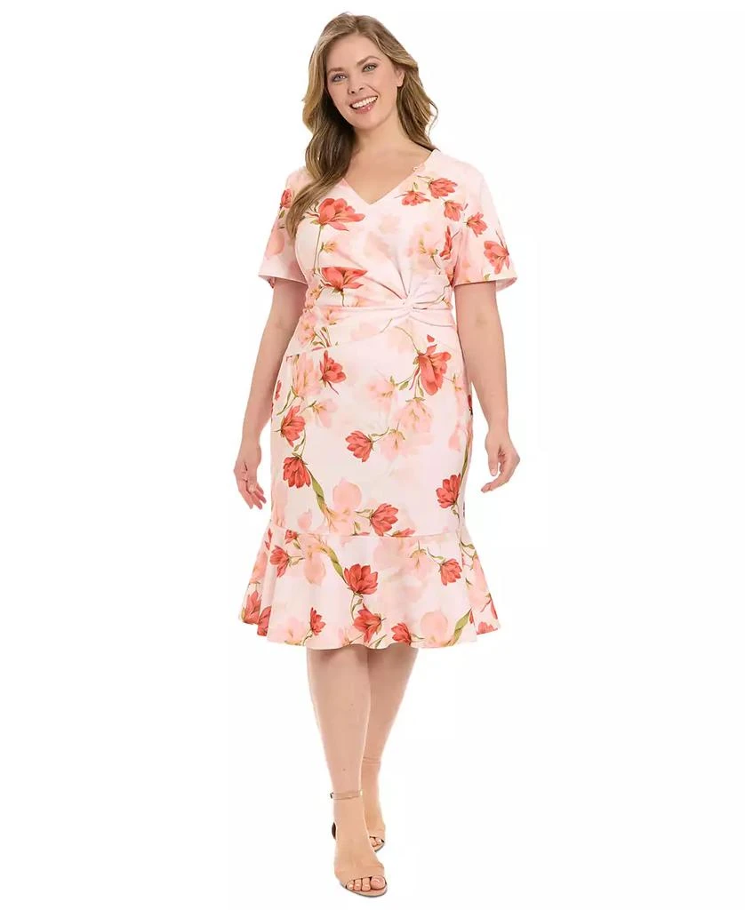 London Times Plus Size Floral Side-Knot Ruffle-Hem Dress 1