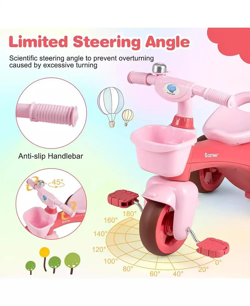 Mecale Toddler Tricycle with Limited Steering with Front Baskets and Bell-Pink 5