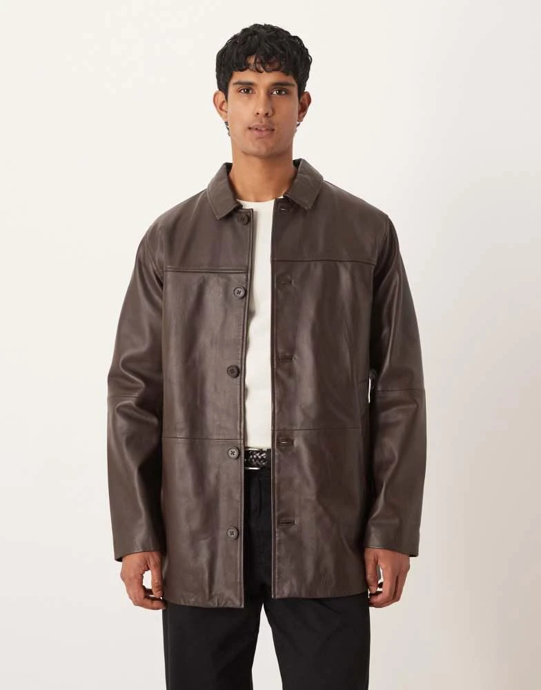 ASOS ASOS DESIGN mid length leather shacket in brown